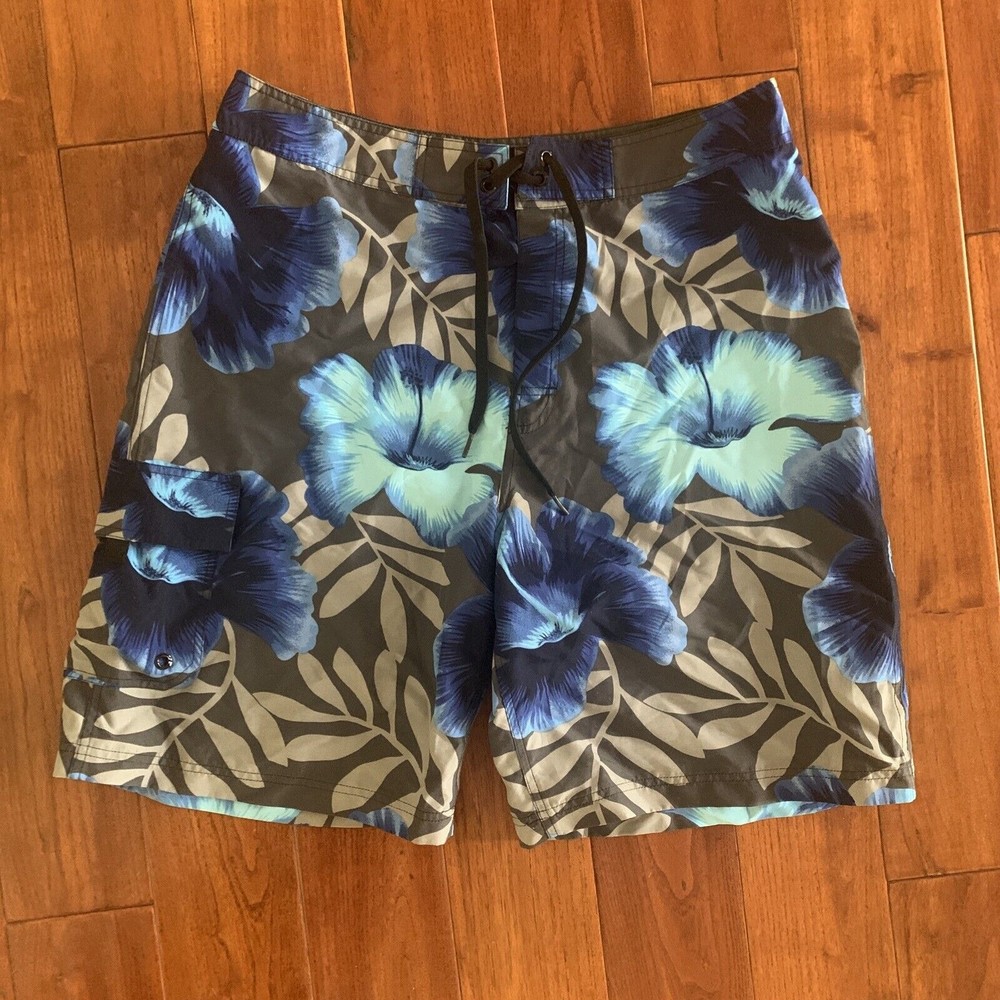 SIDEOUT Men's Board Shorts Size 38 HAWAIIANSwim Trunks Blue/Gray Floral